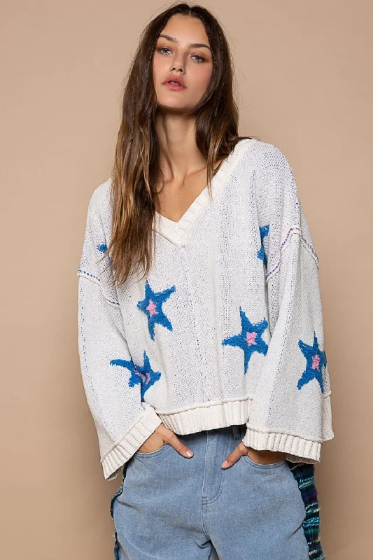 POL Long Sleeve Star Patch Sweater Collared Crew Neck Turtle Neck