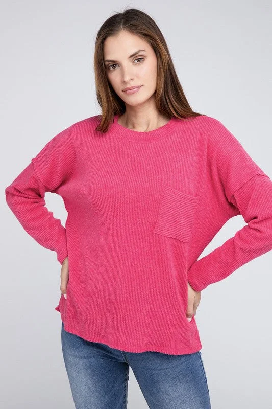 Ribbed Brushed Melange Hacci Sweater with a Pocket Plaid Sweater Polka Dot Checkered