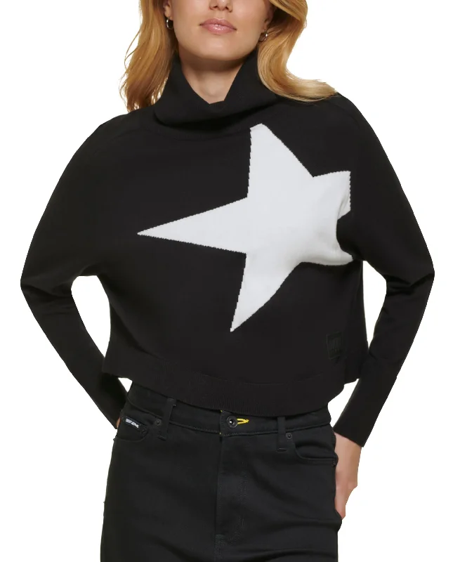 Women's Jacquard Star-Graphic Turtleneck Sweater Stretchy Elastic Breathable