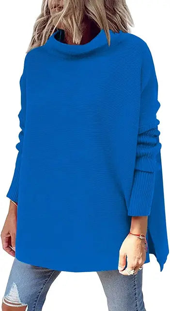 Womens Mock Turtleneck Sweater Long Batwing Sleeve Split Hem Nylon Fabric Polyester Fabric Spandex Fabric