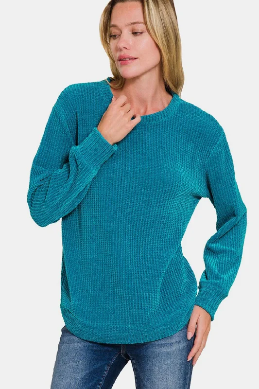 Zenana Chenille Waffle Round Neck Sweater Thin Thick Dense