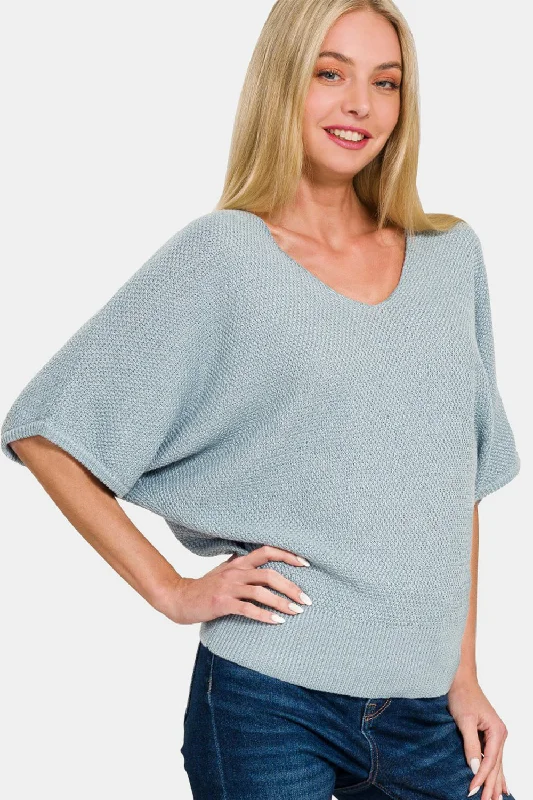 Zenana V-Neck Short Sleeve Dolman Sweater Bright Pastel Dark