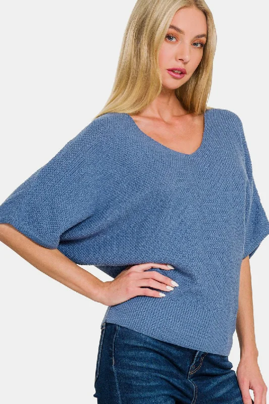 Zenana V-Neck Short Sleeve Dolman Sweater Oversized Loose Flowy