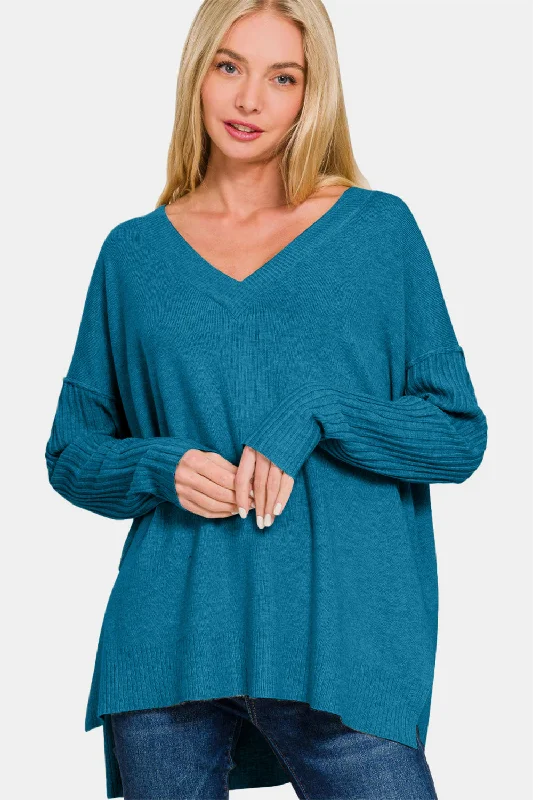 Zenana V-Neck Side Slit High-Low Sweater Transparent Opaque Sheer