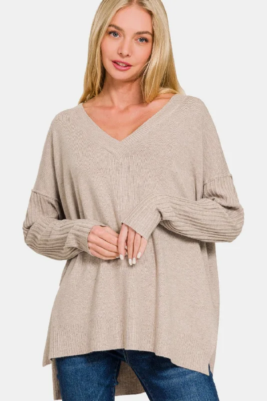 Zenana V-Neck Side Slit High-Low Sweater Thin Thick Dense