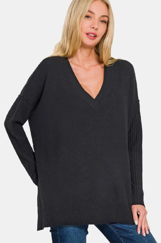 Zenana V-Neck Side Slit High-Low Sweater Fitted Slim Tailored