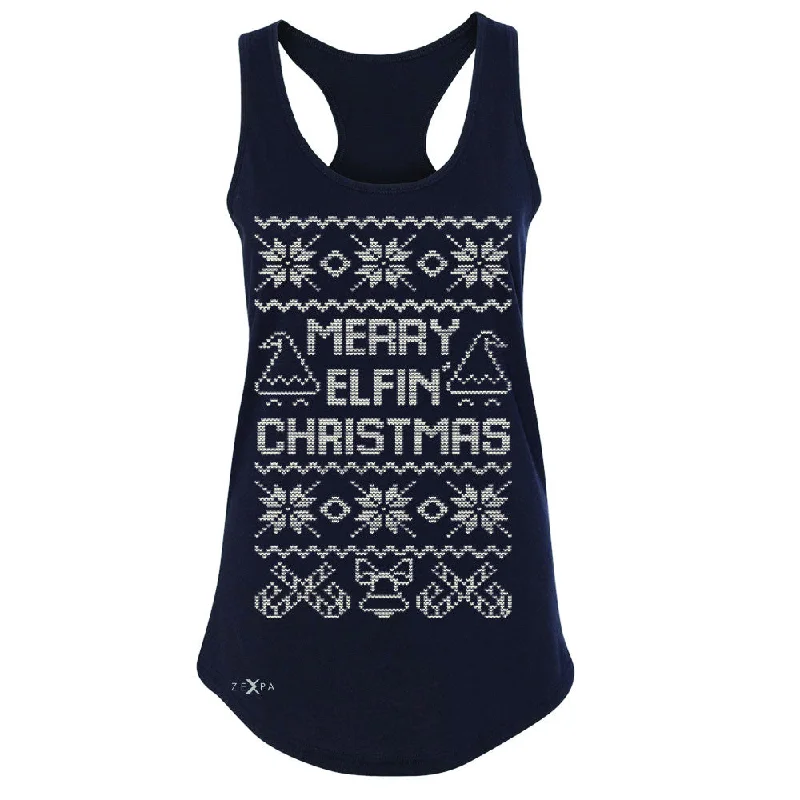 Zexpa Apparel™ Merry Elfin Christmas  Women's Racerback Ugly Sweater Tradition Sleeveless Ribbed Striped Patterned